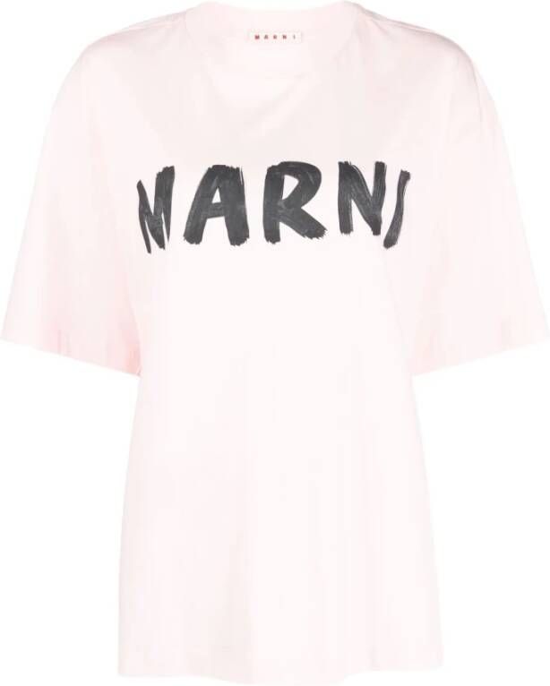Marni Dames Roze Organisch Katoenen T-Shirt met Zwart Logo Pink Dames
