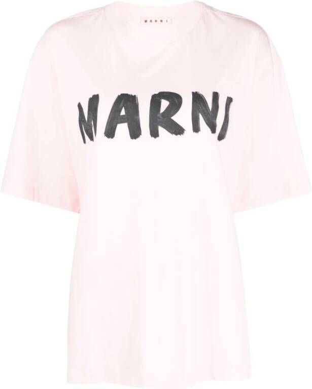 Marni Dames Roze Organisch Katoenen T-Shirt met Zwart Logo Pink Dames