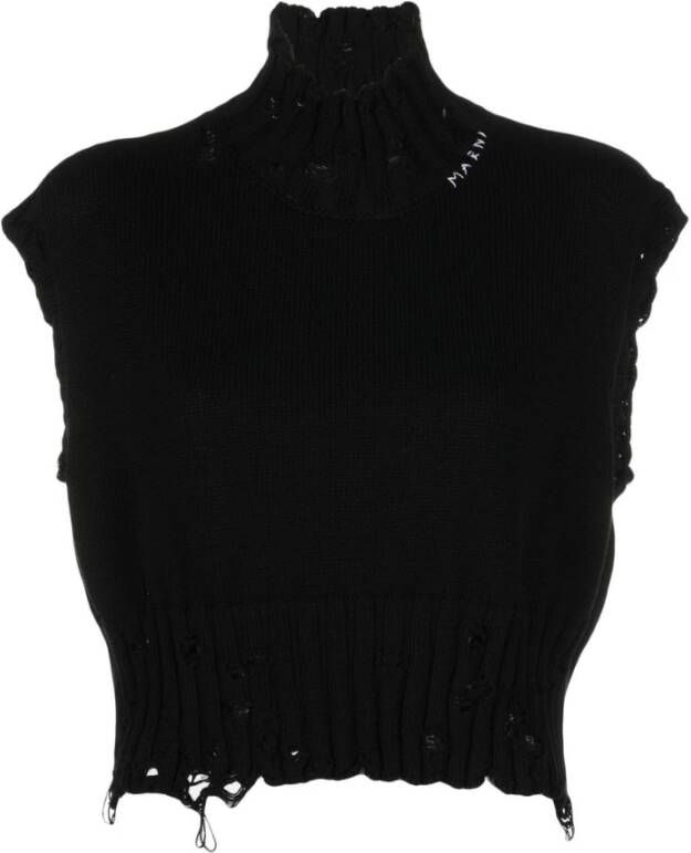 Marni Zwarte Distressed-Gebruite Logo-Stitch Mouwloze Vest Zwart Dames