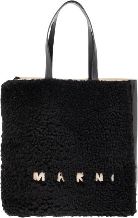 Marni Zwarte leren handtas met bontafwerking en logo borduursel Zwart Dames