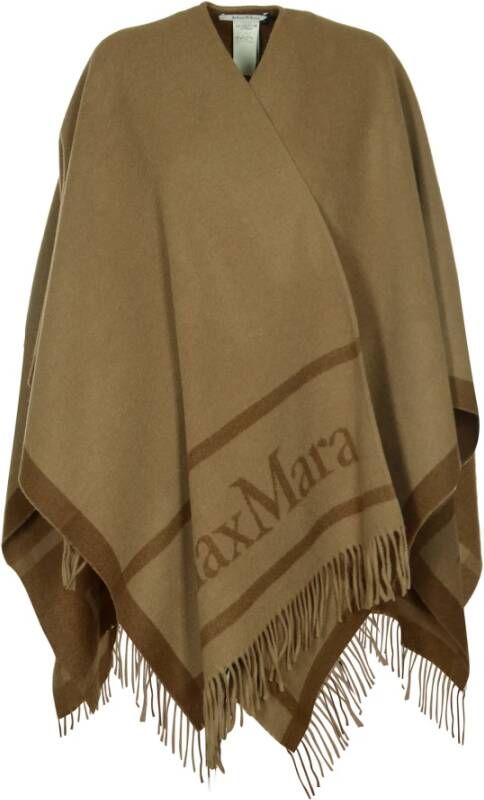 Max Mara Wollen Jacquard Logo Cape met Franje Brown Dames