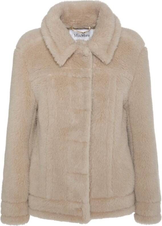 Max Mara Korte Teddy Jas in Alpaca en Wol Mix Beige Dames