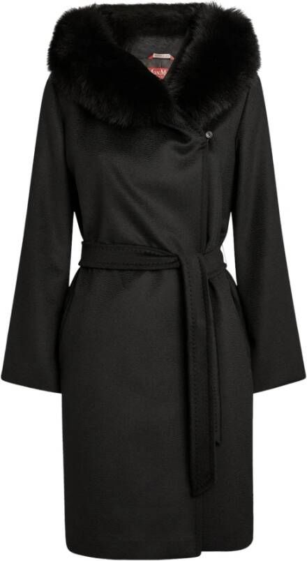 Max Mara Studio Wollen jas met capuchon en bontdetail Black Dames