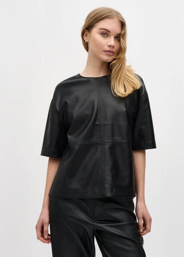 MbyM Zwarte vegan leren top met driekwart mouw Emir Black Dames - Foto 3