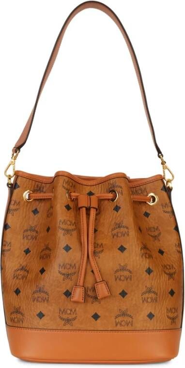 MCM Bedrukte Leren Emmer Tas Bruin Dames