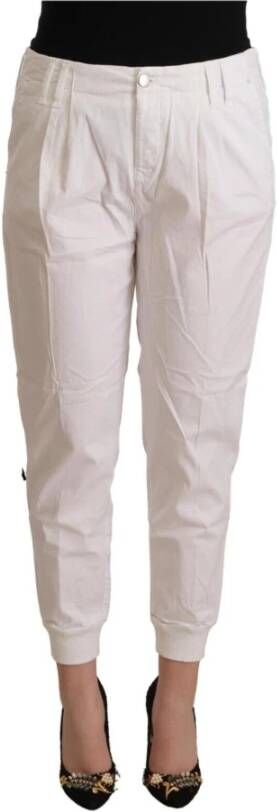 MET White Cotton Mid Waist Tapered Cropped Pants White Dames