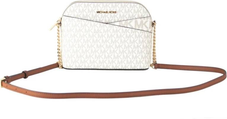 Michael Kors Jet Set Travel Medium Leather X Cross Dome Crossbody Handbag (Vanilla Signature Gold) Beige Dames