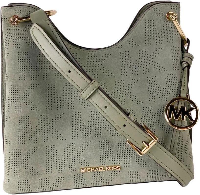 Michael Kors Joan Grote Geperforeerde Suède Leren Slouchy Messenger Handtas Green Dames