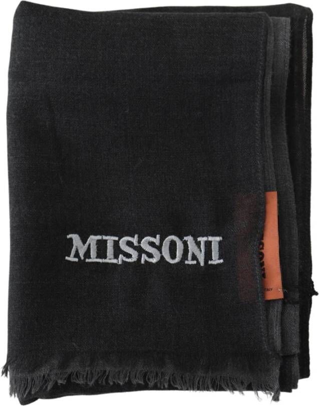 Missoni Black Wool Uni Neck Wrap Shawl Fringes Logo Scarf One Size Zwart