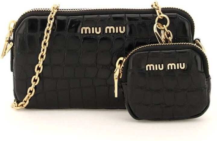 Miu Croco-geëmsteerde lederen mini-tas met zakje Zwart Dames