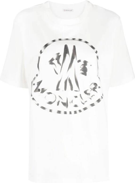 Moncler Beige Katoenen T-shirt met Logo Print Beige Dames