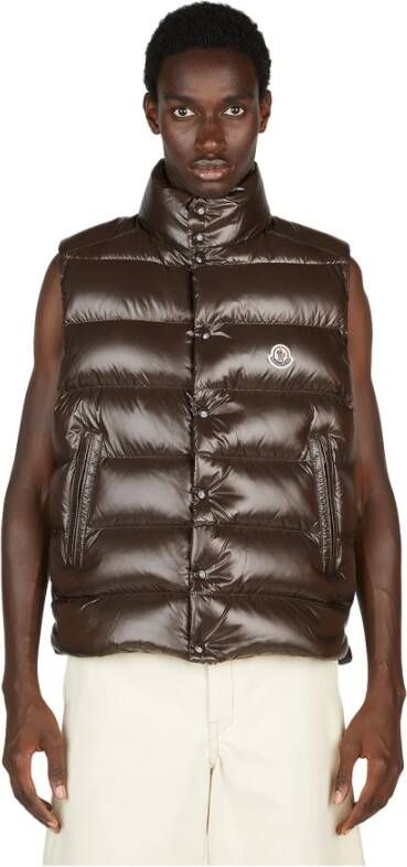 Moncler Glanzende Nylon Gilet met Donsvulling Bruin Heren