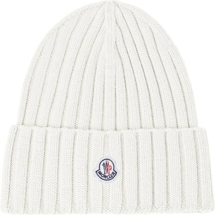 Moncler Wollen Logo Patch Beanie Hoed White Dames