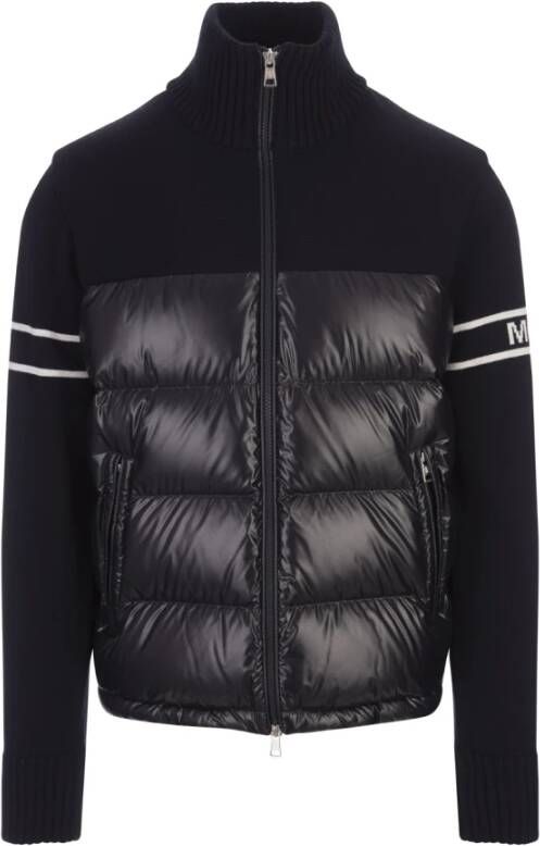 Moncler Zwarte Ribgebreide Wollen Cardigan met Donsvulling Zwart Heren