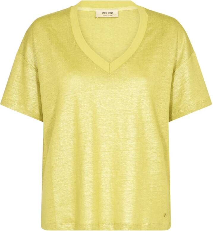 MOS MOSH Eenvoudig en stijlvol linnen V-hals T-shirt Yellow Dames