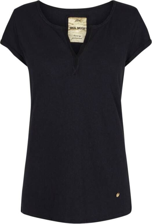 MOS MOSH Zwart Linnen Blend V-Hals T-Shirt met Opgestikte Mouwen Black Dames