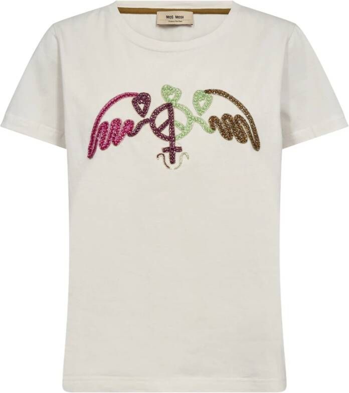 MOS MOSH Kleurrijke Perlemotiv T-shirt met korte mouwen Beige Dames