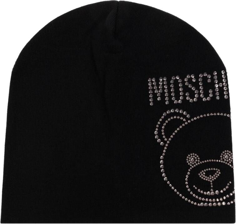 Moschino Zwarte Wollen Hoed met Strass Logo Multicolor Dames