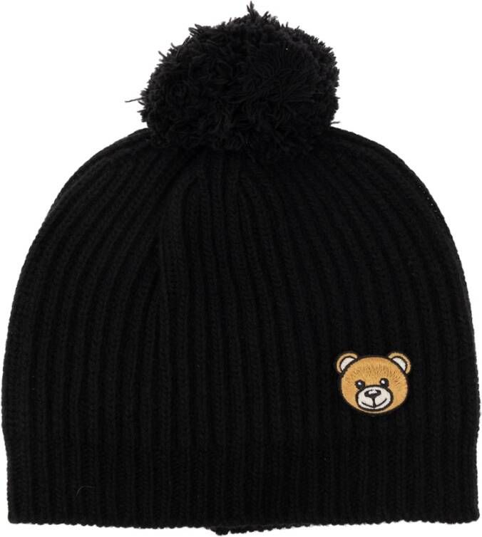Moschino Effen Teddybeer Beanie met Logo en Pompoms Black Dames
