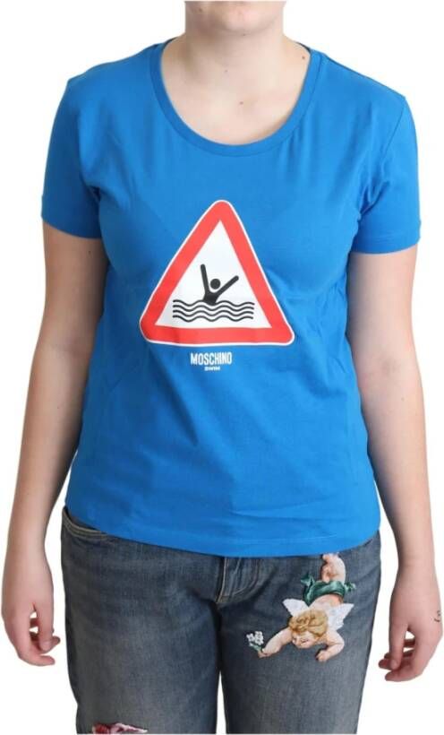 Moschino Blue Cotton Swim Graphic Triangle T-shirt Blauw Dames