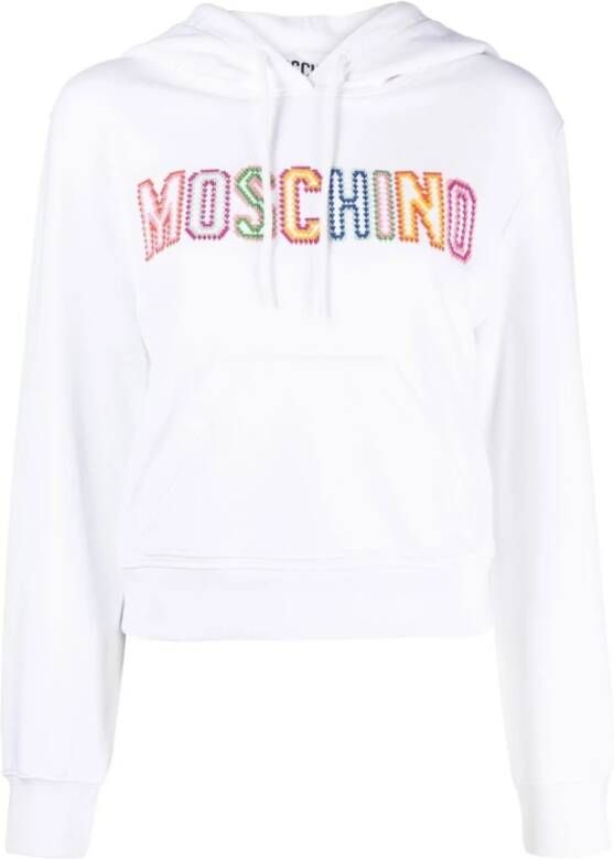 Moschino Geborduurde Logo Cropped Hoodie White Dames