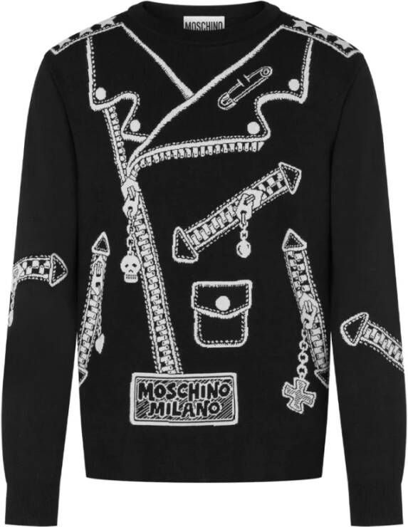 Moschino Zwarte ronde hals trui met Biker Jacket inleg Black Heren