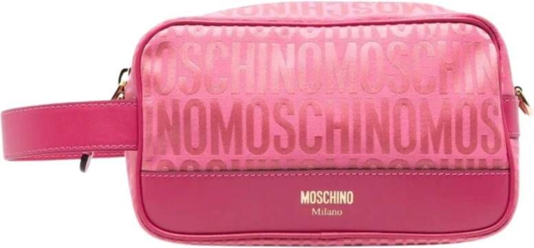 Moschino Roze Jacquard Logo Pochette met Leren Afwerking Roze Dames