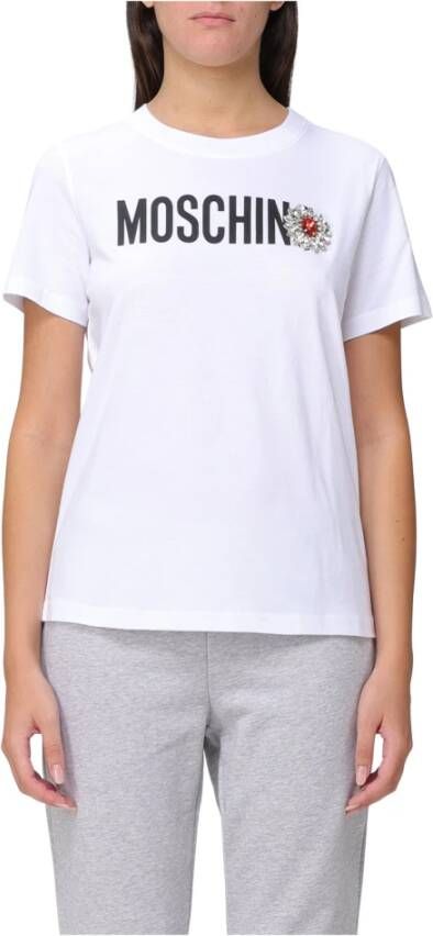 Moschino Moderne en modieuze dames T-shirt met logo print en juweel applicatie White Dames