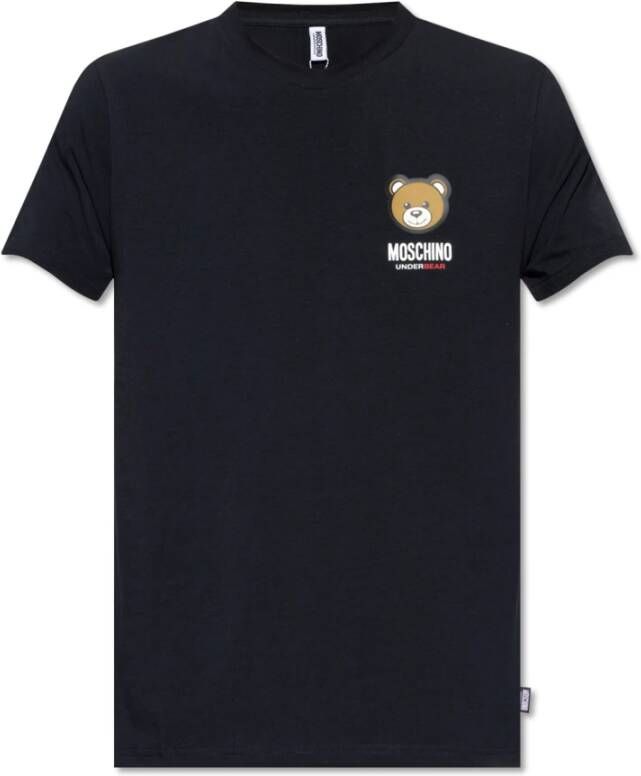 Moschino Zwarte Geribbelde T-shirt met Logo Patch Black Heren