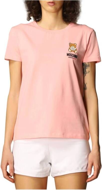 Moschino Stretch Katoenen T-Shirt met Logo Teddy Slim Fit Pink Dames