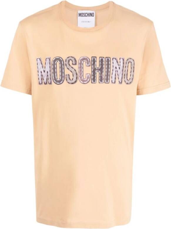 Moschino Logo-Patch Katoenen T-shirt Beige Heren