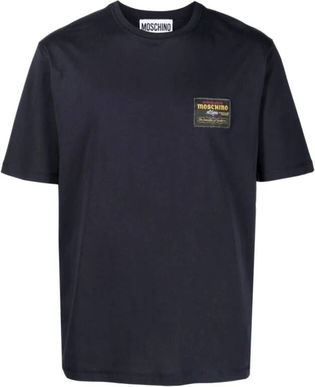 Moschino Navy Blue Logo-Patch Katoenen T-Shirt Blue Heren