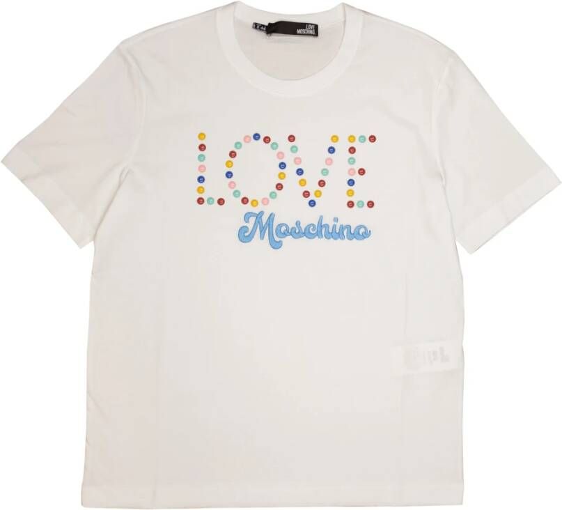 Love Moschino Geborduurd Logo Katoenen T-Shirt met Gekleurde Kralen White Dames