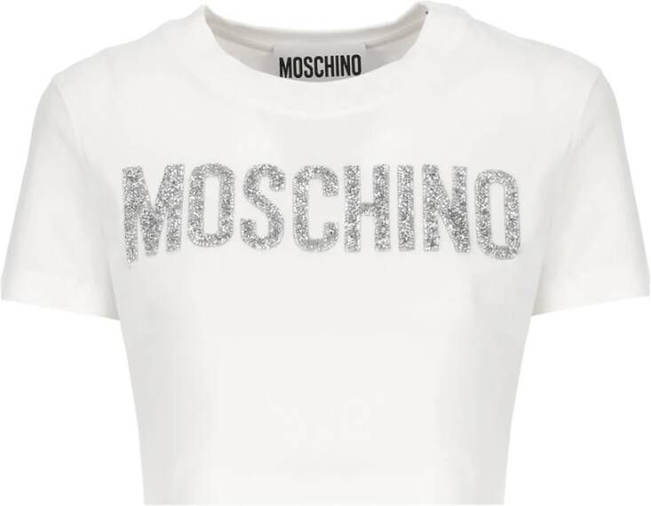 Moschino Wit Strass Logo Crop T-Shirt voor Dames White Dames