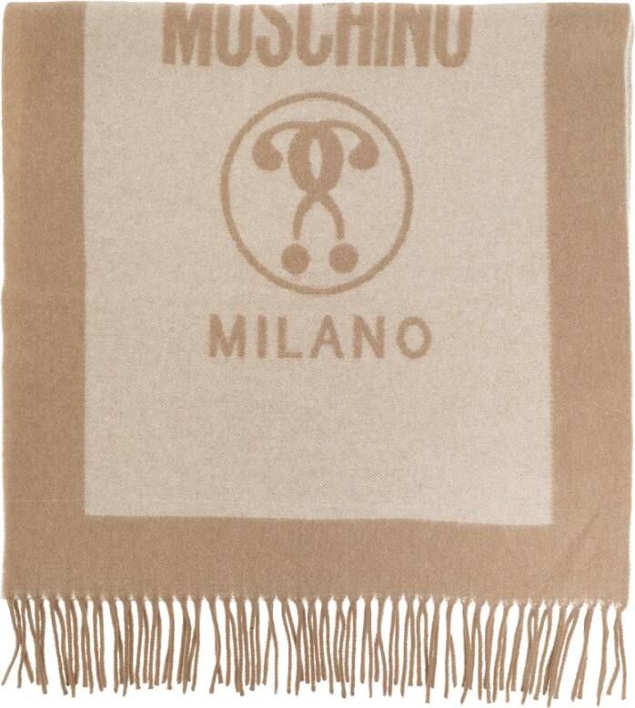 Moschino Effen Wollen Sjaal met Franjes en Logo Beige Dames