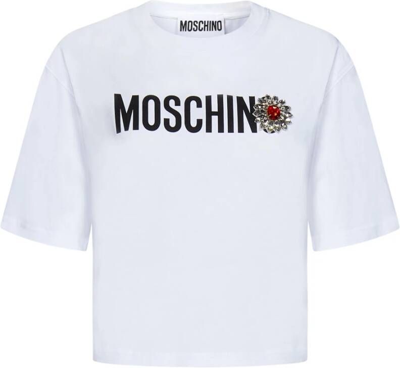 Moschino Witte Crop T-shirt met Logo Print White Dames