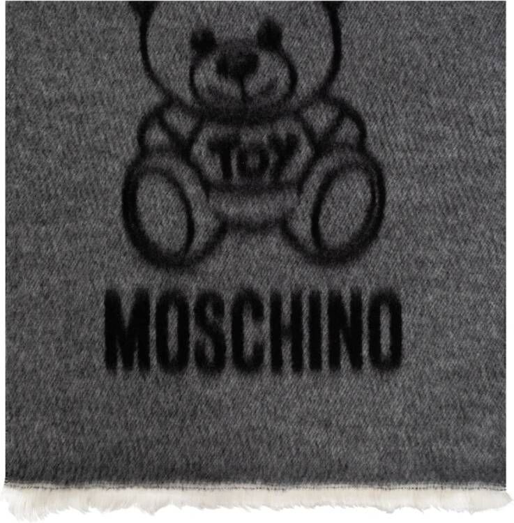 Moschino Grijze Wollen Sjaal met Logo Borduursel en Franjes Gray Dames