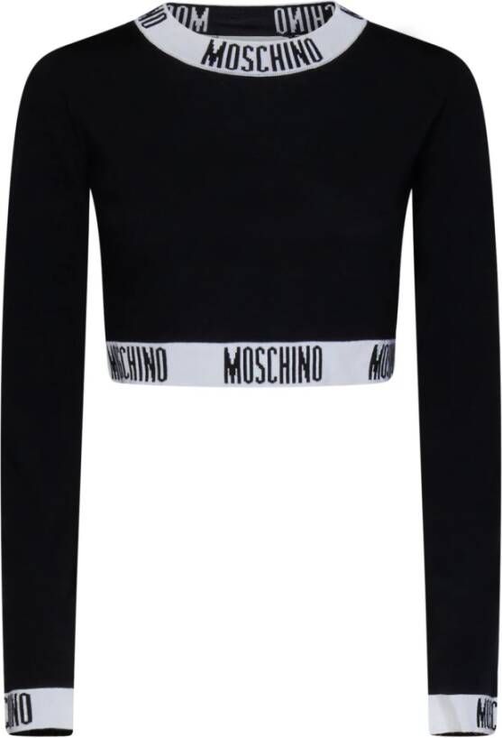 Moschino Zwarte gebreide cropped top met logo tapes Zwart Dames