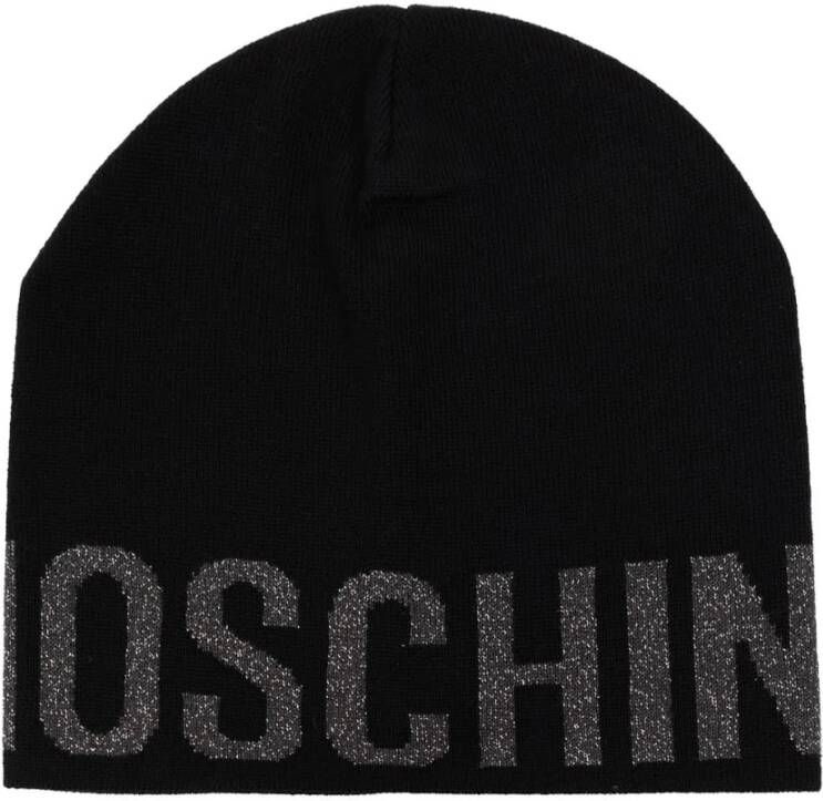 Moschino Gebreide logo muts met glitterafwerking Black Dames