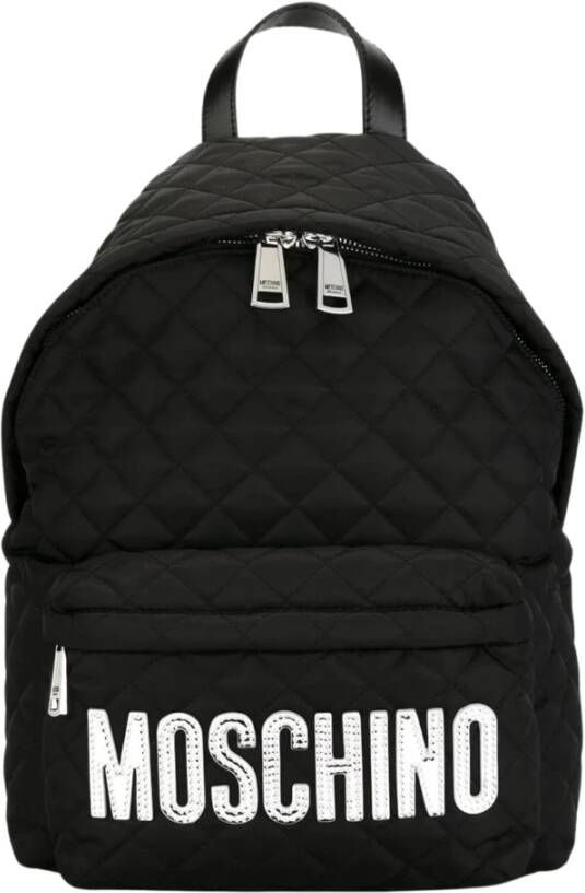 Moschino Zwarte rugzak met dubbele ritssluiting en logo plaatje Zwart Heren