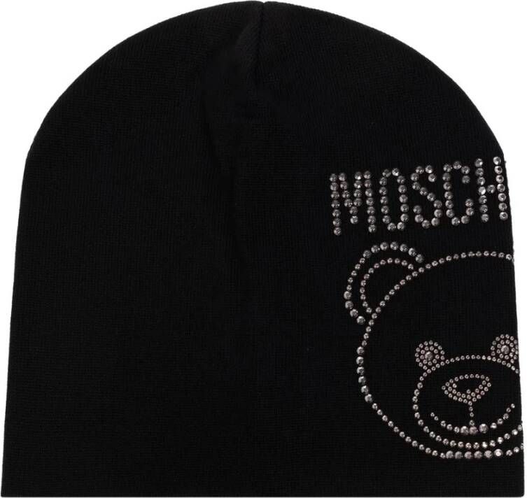 Moschino Zwarte Teddy Hoed met Strass Logo Zwart Dames