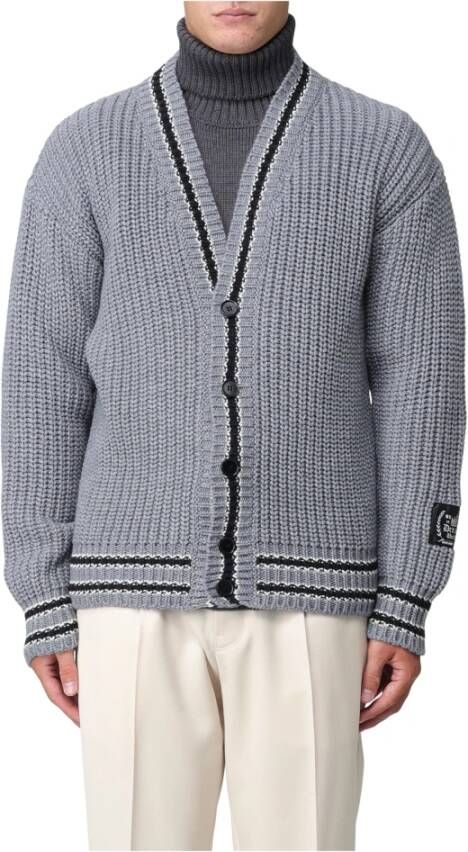 Msgm Grijze V-hals Cardigan met Contrasterende Strepen Gray Heren