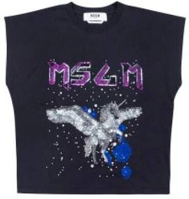 Msgm Katoenen t-shirt met glitter eenhoorn Zwart Dames