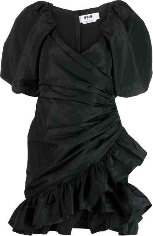 Msgm Puffed Sleeves Ruffled Hem Party Dress Black Dames