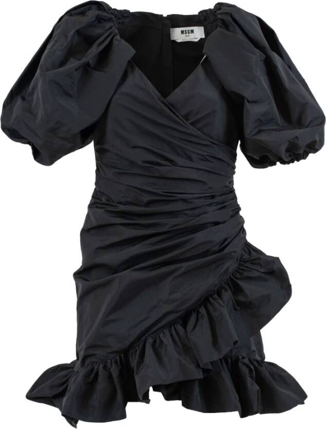Msgm Puffed Sleeves Ruffled Hem Party Dress Black Dames