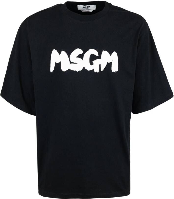 Msgm Logo-Print Katoenen T-Shirt in Zwart Wit Zwart Heren