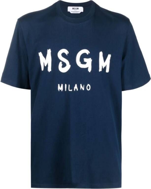Msgm Midnight Blue Logo Print Katoenen T-Shirt Blue Heren
