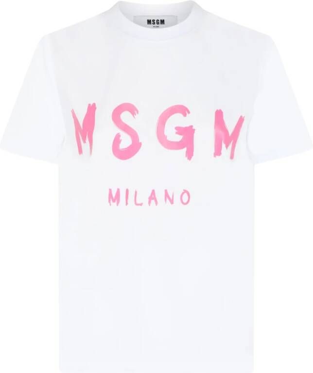 Msgm Wit Katoen Logo Print Ronde Hals White Dames