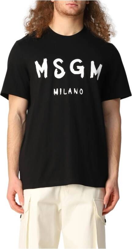 Msgm Zwart Katoenen Logo Print T-Shirt Black Heren