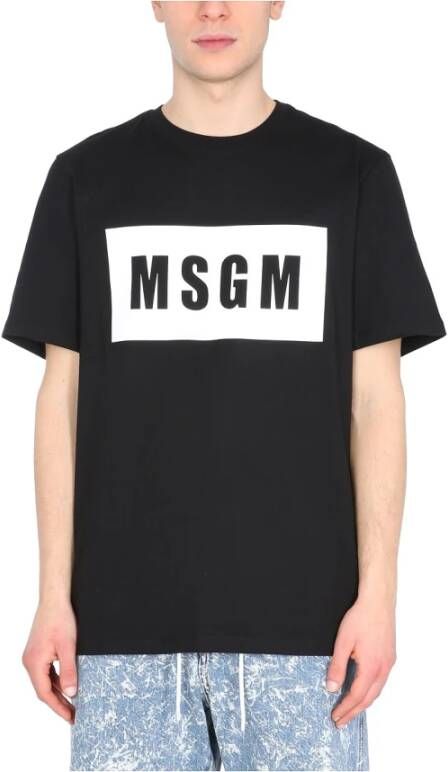 Msgm Logo-print T-shirt in zwart wit katoen Black Heren